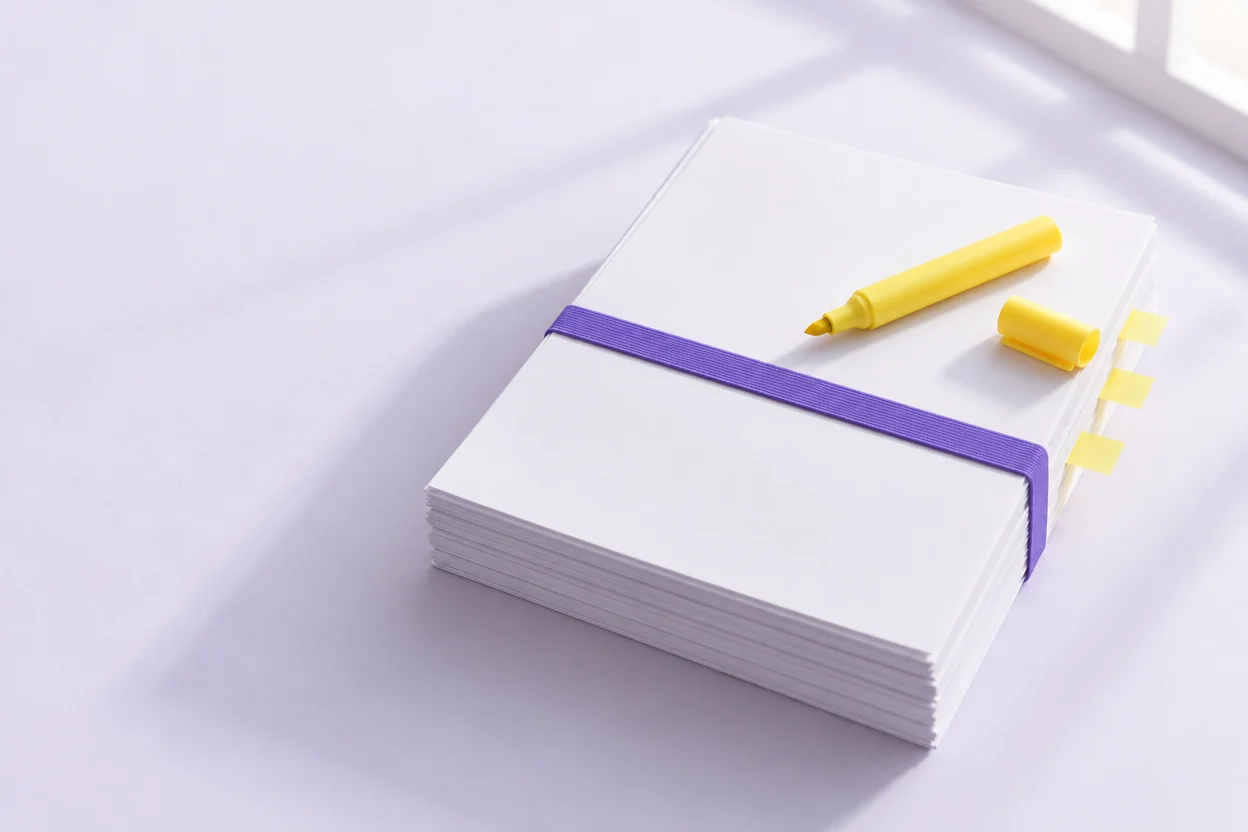 A stack of documents with a violet band and a yellow highlighter